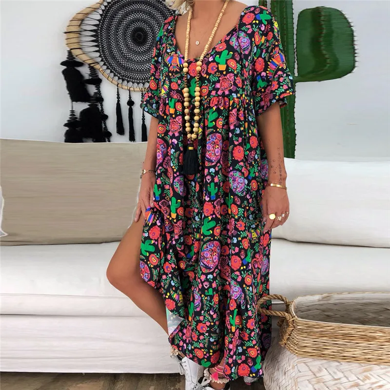 

JAYCOSIN 2019 Women Summer Dress Plus Size Lady Fashion Print Short Sleeve O-Neck Maxi Dress Loose Casual Dress Sundress jun5#4