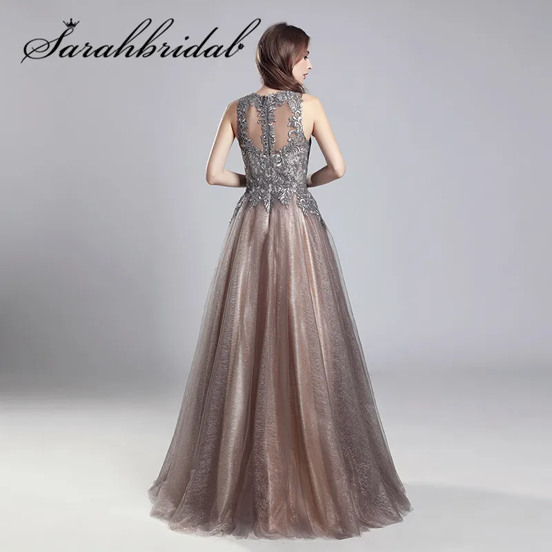 Elegant Evening Dresses Long Mocha Tulle Floor Length Vestidos De Festa Longo O-Neck Handmade Embroidery Prom Party Gowns CC560