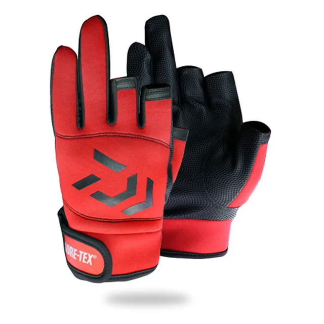 1 пара DAIWA противоскользящие перчатки для рыбалки с 3 пальцами водонепроницаемые перчатки с 5 пальцами из кожи PU перчатки для рыбалки охотничьи перчатки - Цвет: Красный