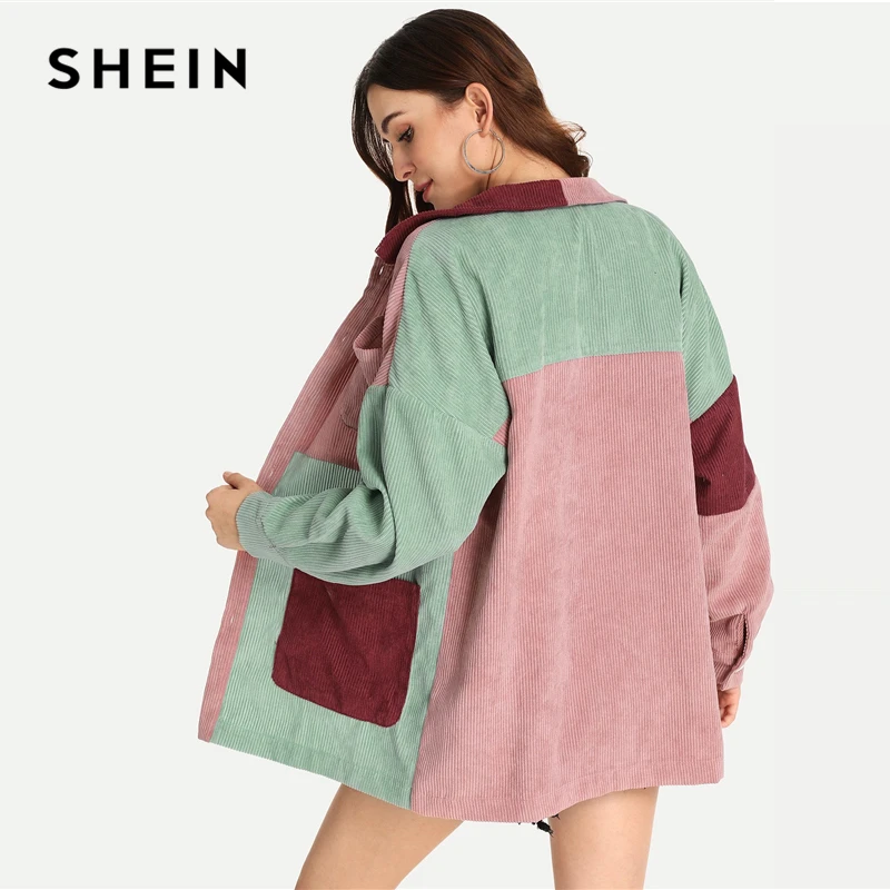 price reduction  SHEIN Multicolor Elegant Modern Lady Cut and Sew Pocket Front Buttoned Coat 2018 Autumn Weekend Cas