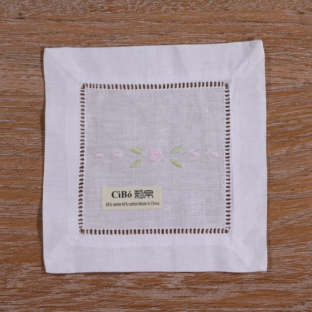 

N032-6: 12 pieces White Ramie Cotton Embroidered Hemstitched Cocktail Napkins Ladder Hem Stitch Cloth Napkin Coasters
