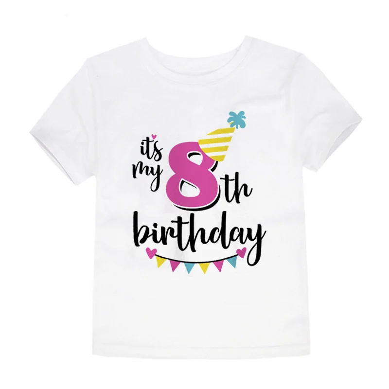 Забавные принты с надписями, футболка с надписью «Happy Birthday Number» для детей 1-8 лет, летние белые топы для маленьких девочек, футболка с номером для дня рождения - Цвет: White-H