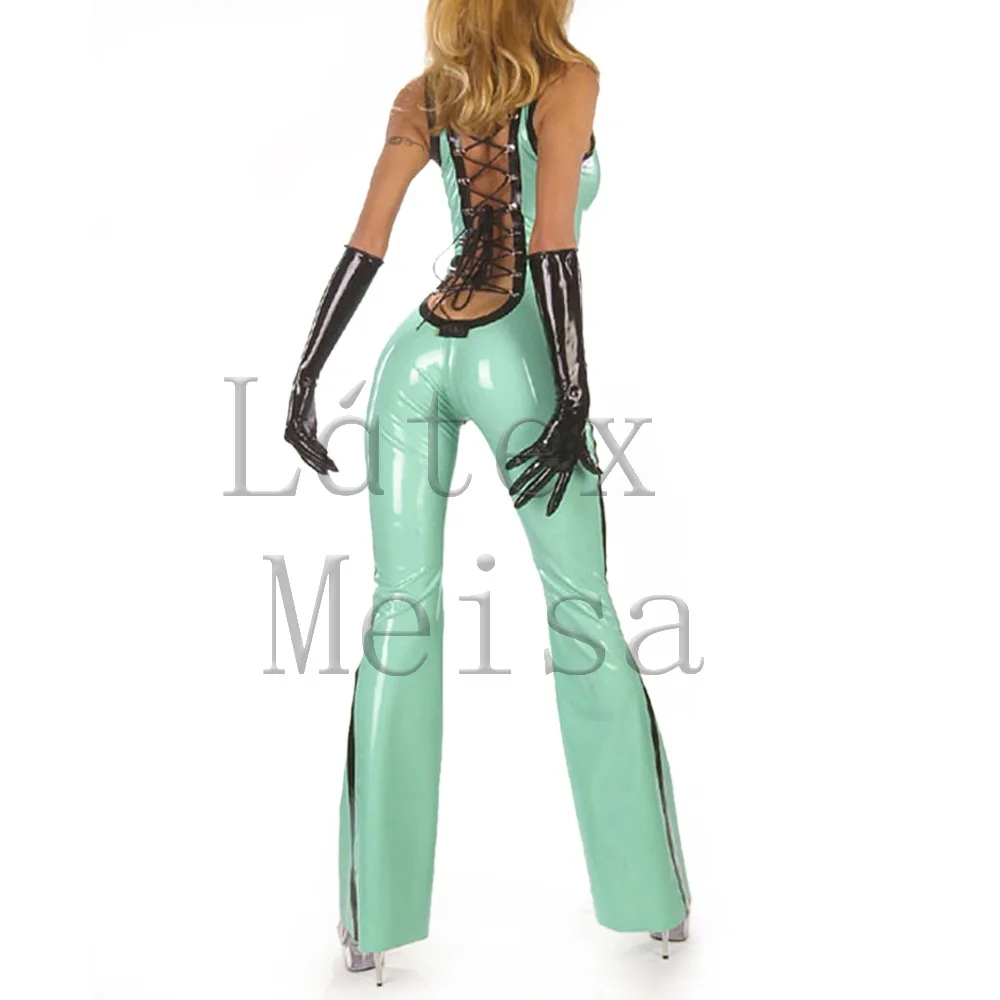

Sexy 100% natural latex Zentai women's jumpsuit with back lace-up decorations in light blue color