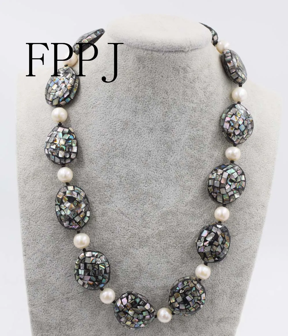 

UNIQUE! abalone shell freshwater pearl necklace black flat unique shape wholesale beads nature FPPj 22inch