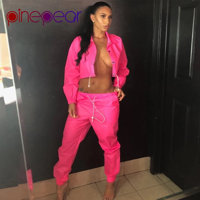 

PinePear Neon Color Buttons Long Sleeve Crop Top and Long Pants Sport Suits 2019 Trendy Woman Running Sportswear Drop Shipping