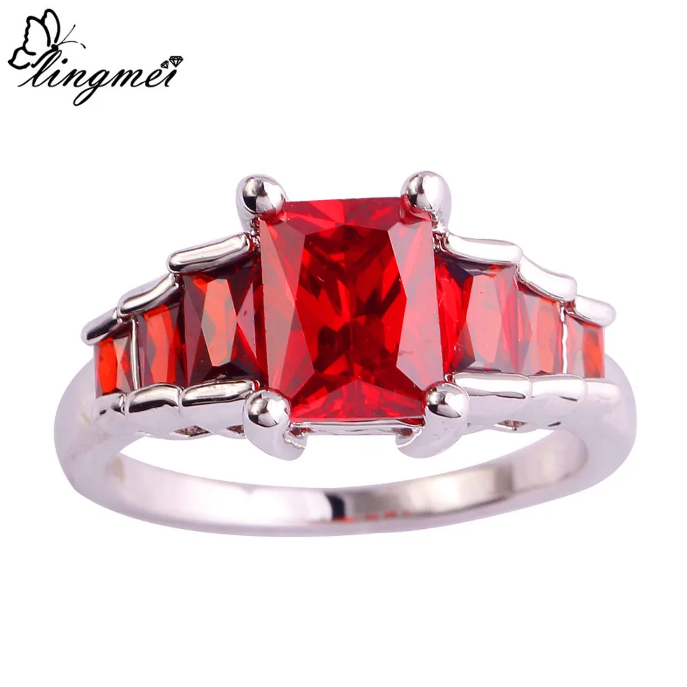 

lingmei Lady New Wedding Rings Garnet Silver Ring Size 6 7 8 9 10 Women Style Gift Party Jewelry Free Shipping Wholesale 416R6