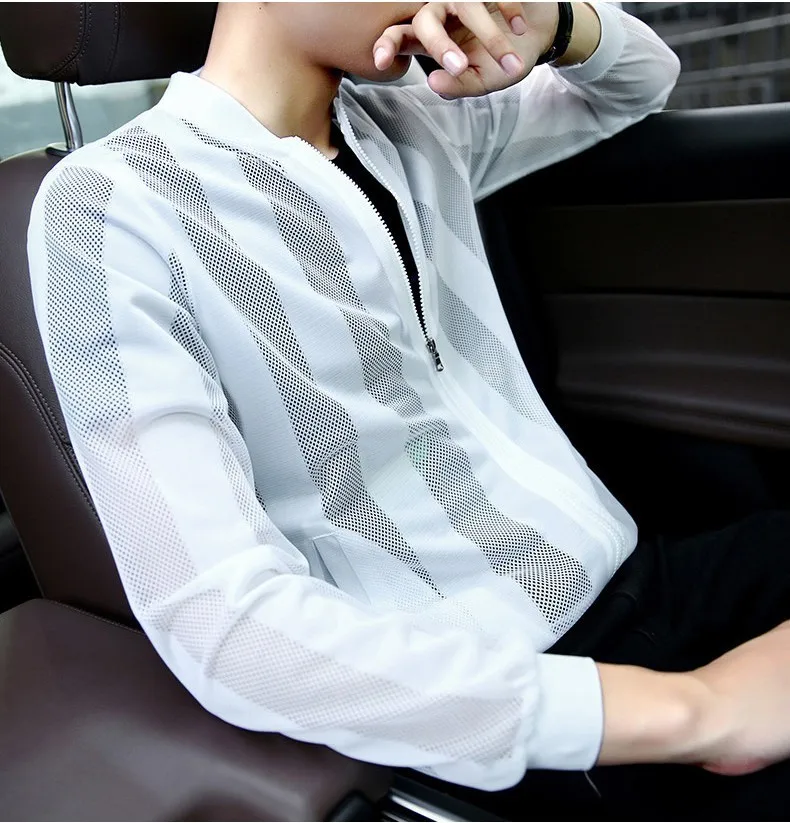 2018 الخريف جديد الرجال مثير شبكة جاكيتات معطف الذكور رقيقة منفذها سترة الجوف خارج أبيض أسود الشمس حماية قميص m-5XL