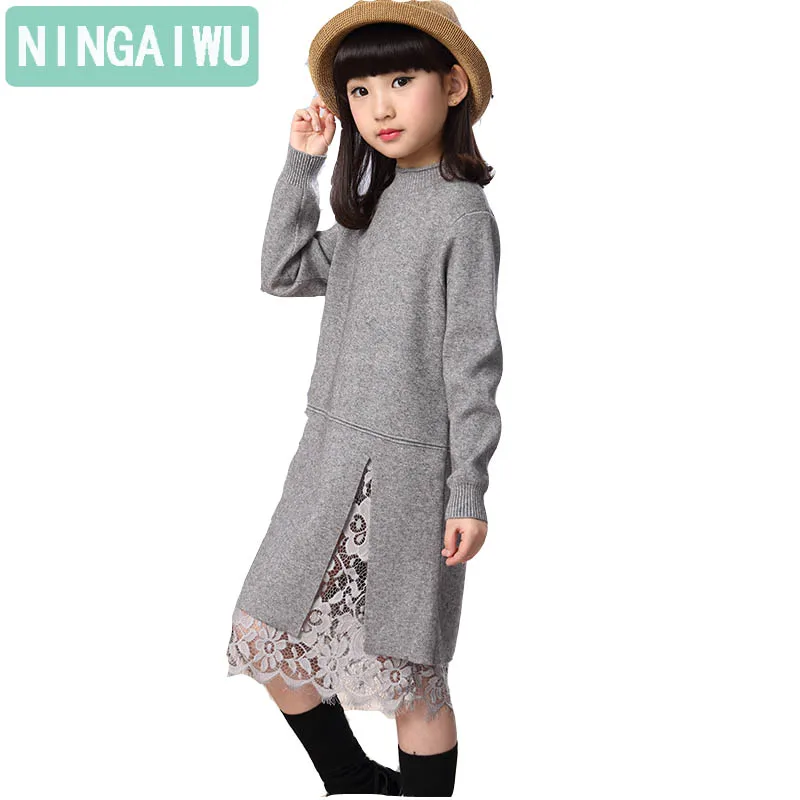 Goede Nieuwe meisje kinderen winter trui jurk kant stiksels split lange coltrui gebreide kinderen meisjes lange mouwen jurk party kleding