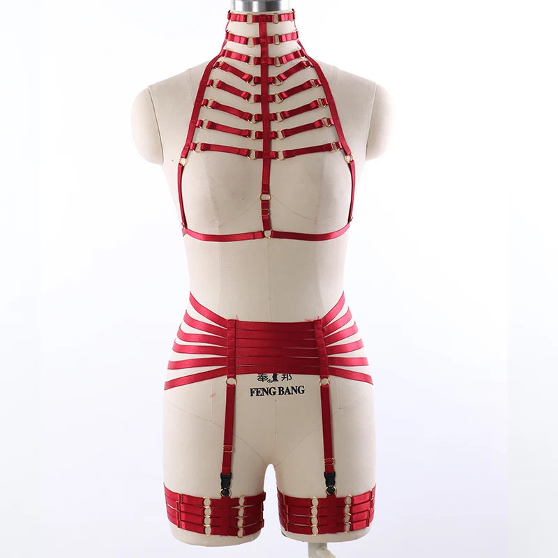 Womens Sexy Red Elastic Body Harness Lingerie Set Body Cage Bondage Harness Belt Goth Fetish 