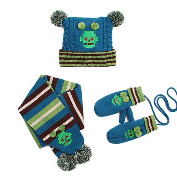 Детская зимняя теплая Вельветовая вязаная шапка с кроликом, комплекты перчаток с воротником, шерстяная вязаная шапочка с помпонами, шарф, детская одежда, шапки - Цвет: robot green
