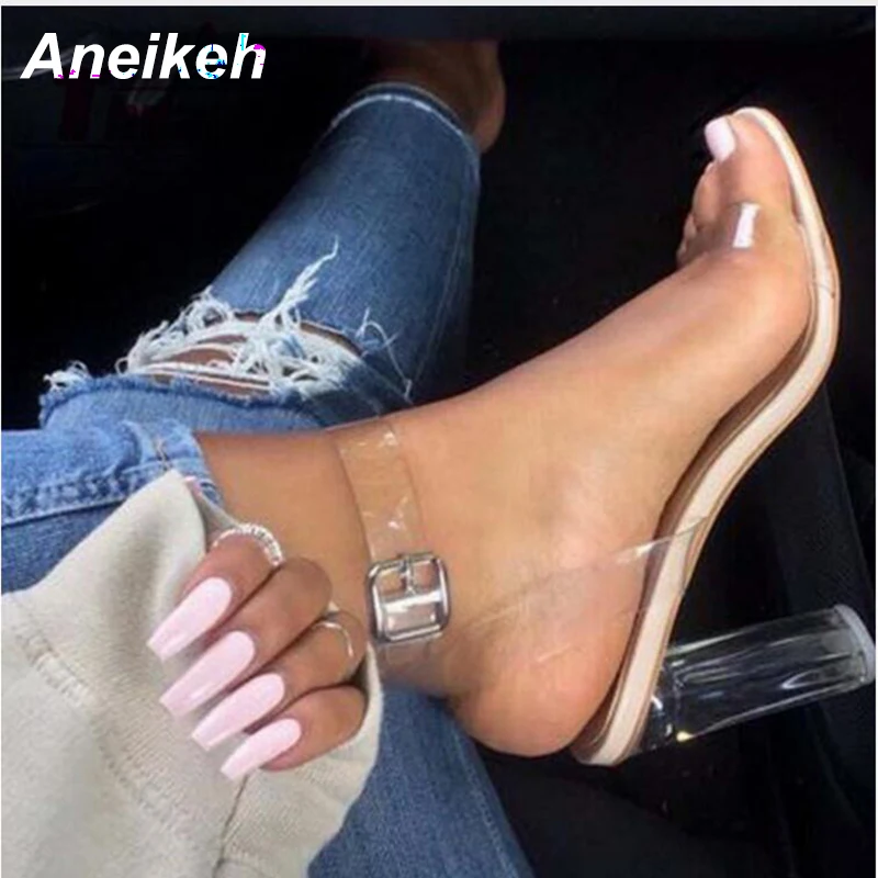 En Ligne 2018 Femmes Sandales Plus La Taille 35 41 Transparent PVC Haute Talons Chaussures Femme Étoiles Style Boucle Cheville Gladiateur Sandales femmes Chaussures