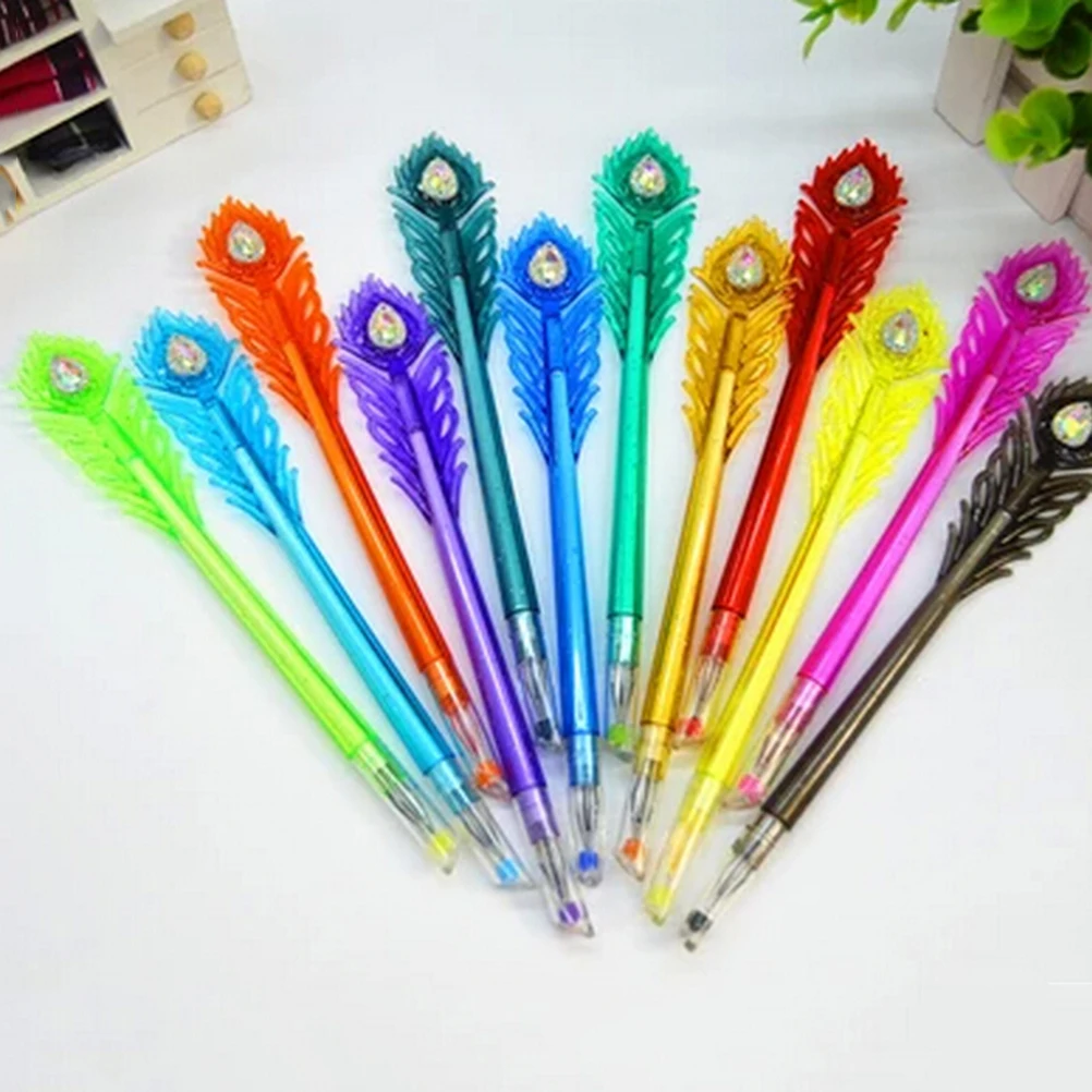 Diamond Peacock Feather Style Gel Pen Unisex Pen 12pcs 0.5mm Color Ink