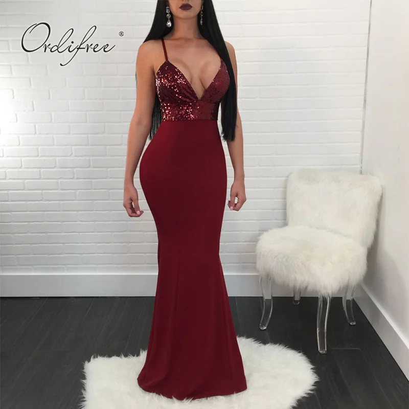 

Ordifree 2018 Summer Elegant Women Sexy Party Dress Spaghetti Strap Long Sequin Bodycon Dress