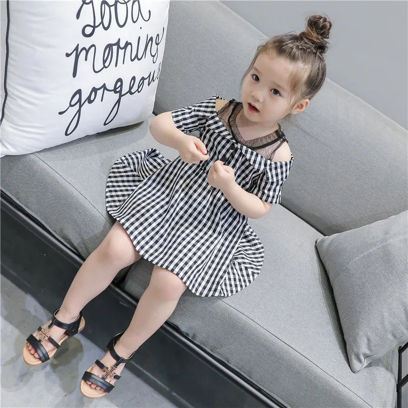 Small Children's Garment 2017 Summer New Pattern Children Girl A Korean Shoulder Lace Lattice Dress Baby Dresses | Детская одежда и