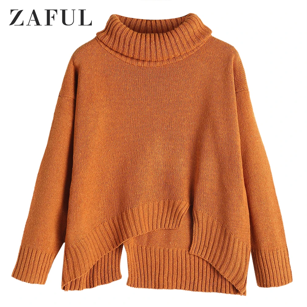 

ZAFUL Sexy Oversize Turtleneck Textured Sweater Solid Loose Split Hem Top Irregular Cut Knitted Clothes Sweater