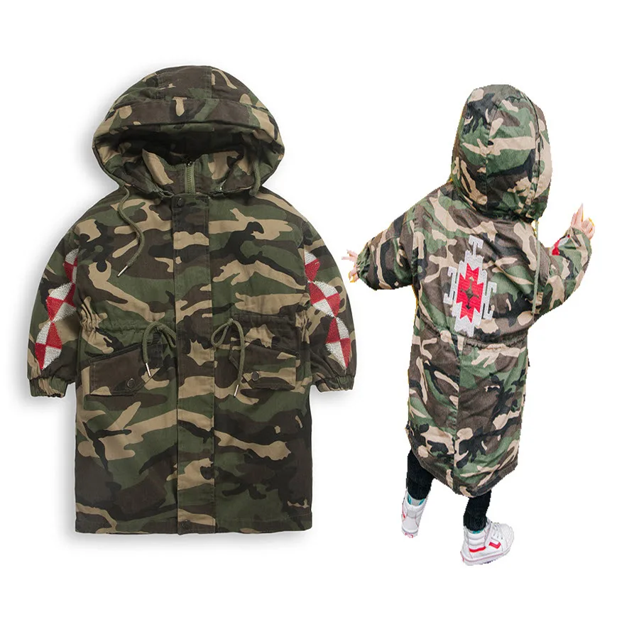 

Boys Kids Army Green Camouflage Warm Winter Cotton Padded Long Parka Jacket Hooded Insulated Coat For Children