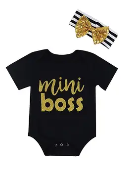 

Oklady Newborn Baby Girl Clothes Mini Boss Bodysuit+Headband Short Sleeve Romper