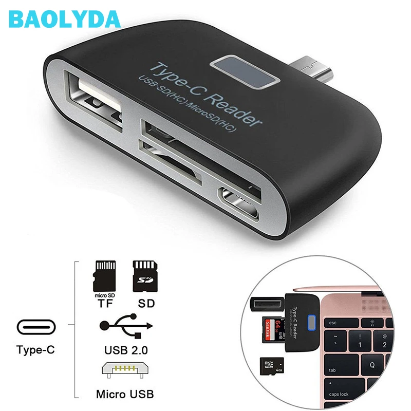 

Baolyda Aluminum Type-C Micro USB Card Reader 4in1 OTG/TF/SD Smart Mini Card Reader Adapter USB / Micro USB Charge Phone Port