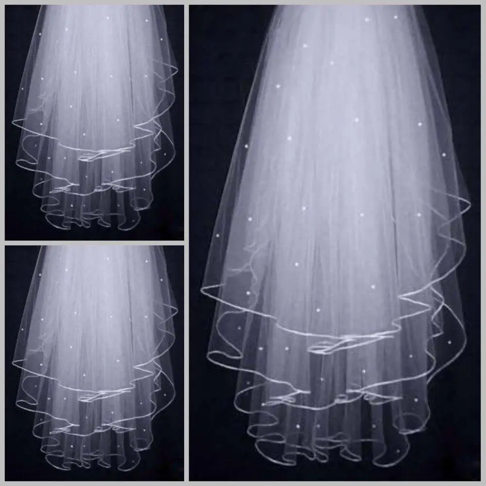

In Stock Cheap Velos de Noiva Three Layers Ribbon Edge Wedding Veil With Pearls White Ivory Short 3 Layers Bridal Veil 2020