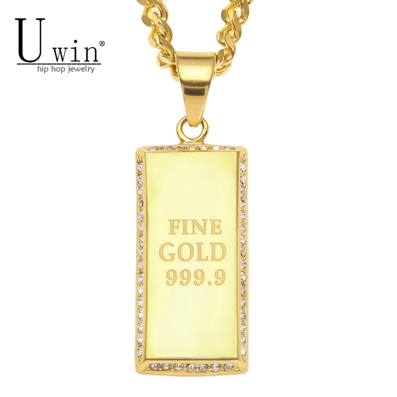 UWIN Iced Out FINE GOLD 999,9 подвеска с логотипом квадратной формы из нержавеющей стали, Мужская подвеска в стиле хип-хоп, модное панк ювелирное изделие