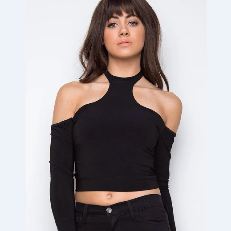 black long sleeve halter top