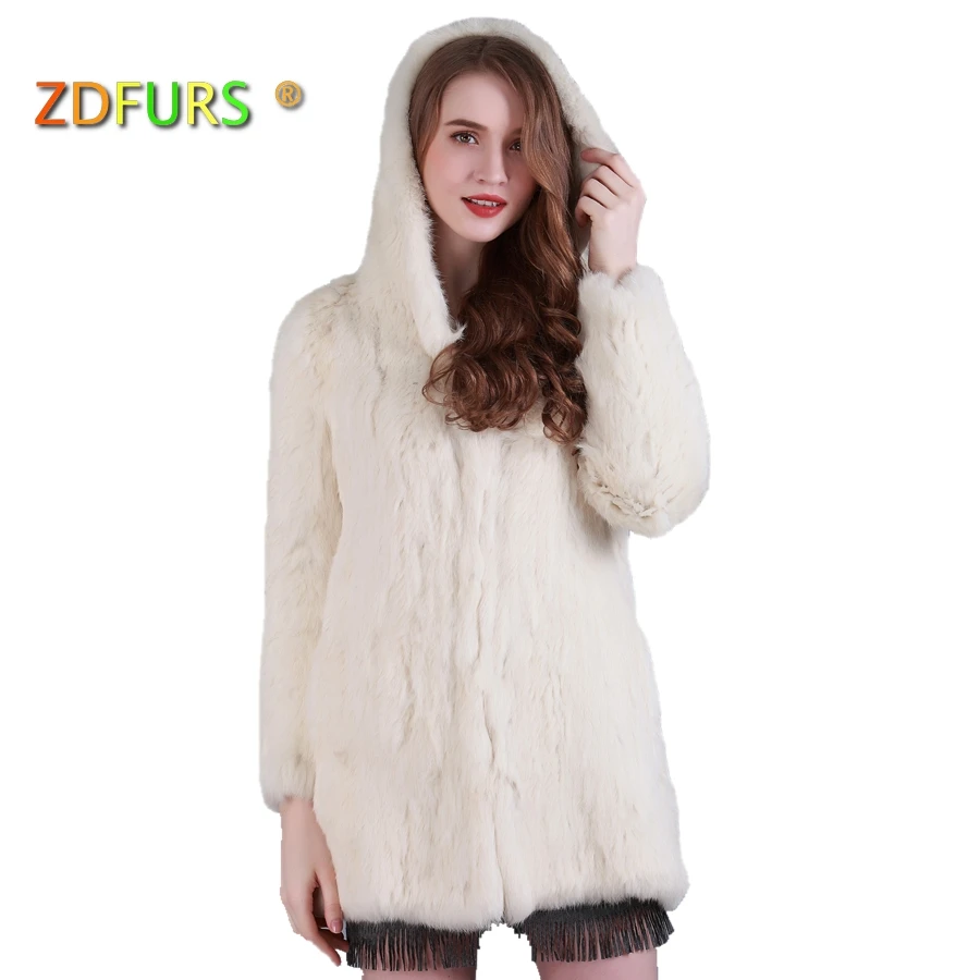 ZDFURS * Новинка ручная работа вязаное пальто из кроличьего меха с капюшоном длинная