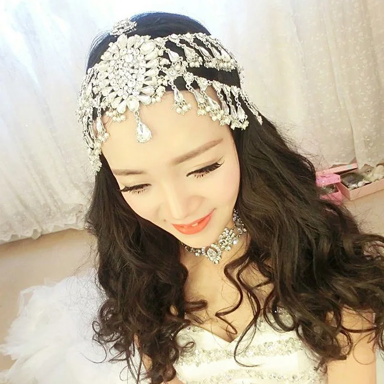 Joias de Perolas de noiva Casamento Coroa Tiara Cabeca Chains Liga Стразы enfetes de Cabelo Partido Crystal Cabelo манжета