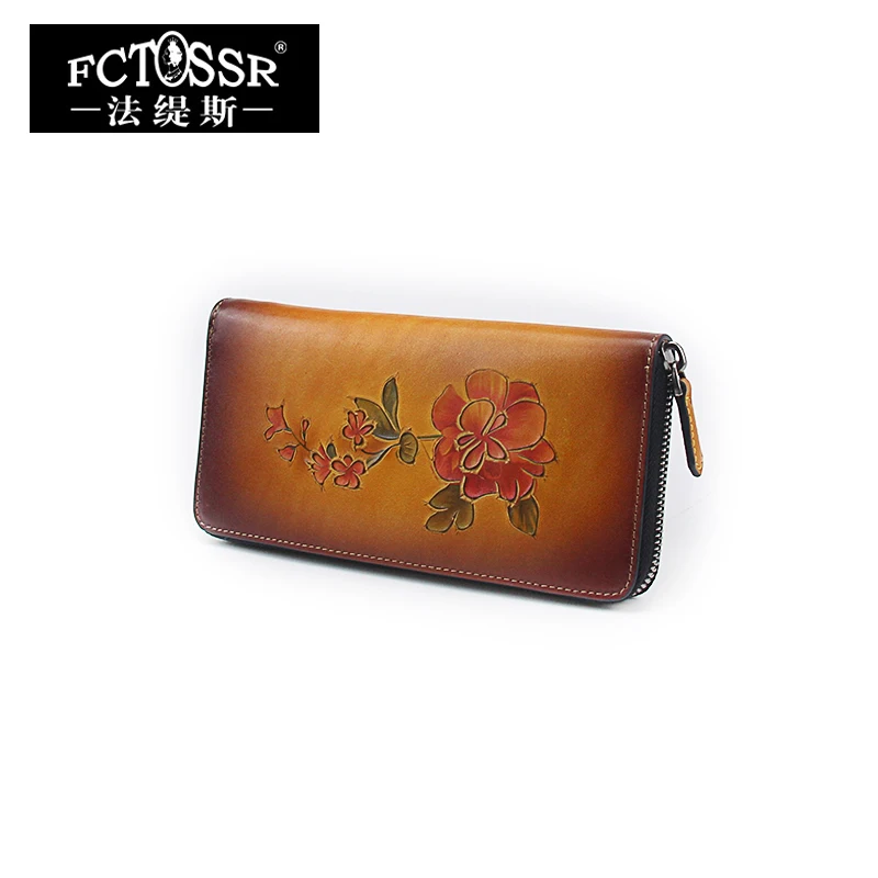 

2019 Card Holder Long Standard Wallets Natural Handmade Leather Women's Purse Days Clutches Flowers Design Wallet Female
