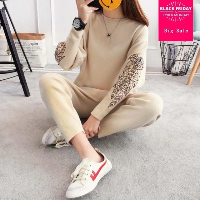 Best Offers 2018 Fashion brand design cotton knit beading Suit Embroidery Sweater + Ankle-Length Trousers Leisure Two-piece sets wj1556