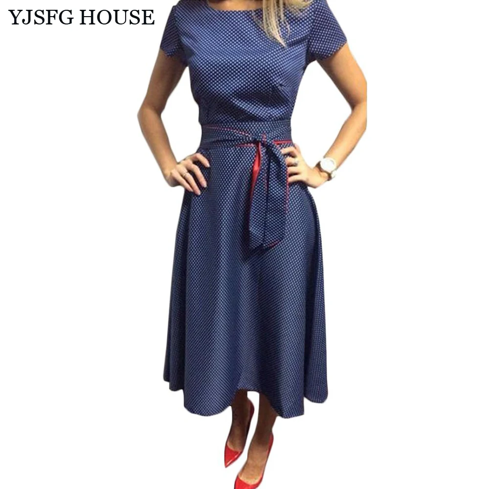

YJSFG HOUSE Women Dot Print Slim Office Work Dress 2017 Autumn Short Sleeve Tunic Evening Party Dress With Belt Black White Blue