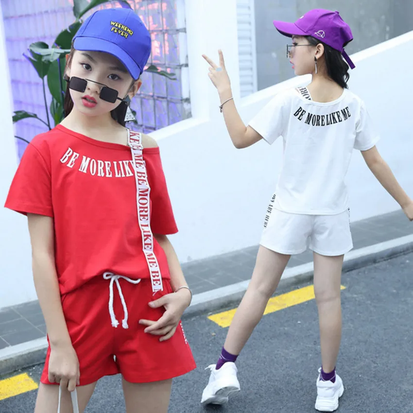 

2018 Summer Children Girls Clothing Sets Sports Suits Kids T-shirt + Shorts Fashion Casual Oblique Shoulder Straps Clothes Set