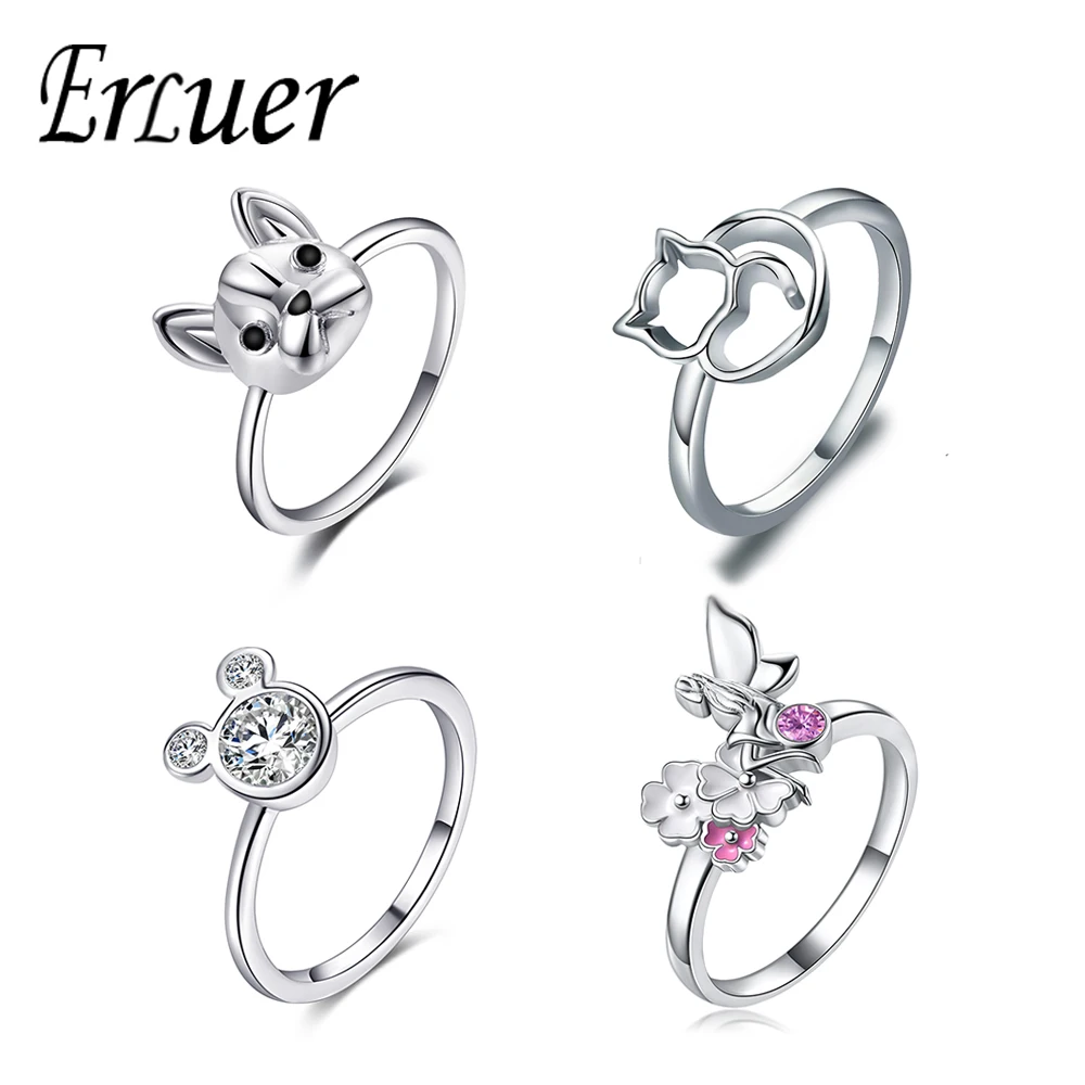 ERLUER Womens Mickey Shape Rings Sterling Silver Plated Cubic Zirconia Mouse Ring for Women Girl Party Jewelry