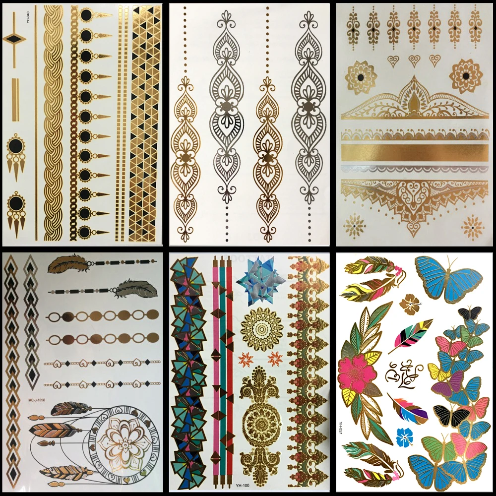 

6pcs High Quality Gold Blue Temporary Tattoo Body Art Metallic Silver Metallic Tattoos Gold Wholesale Foil Golden Jewelry