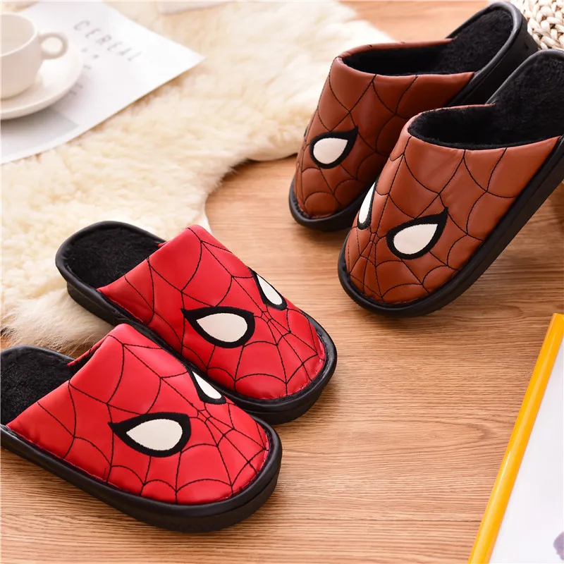 

Boys Slippers Spiderman PU Leather Slippers Kids Fur Slides Teen Girls Slippers Winter House Home Indoor Shoes