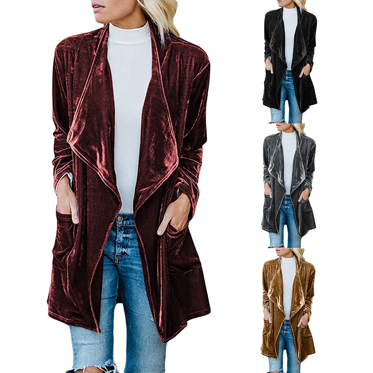 

turn-down collar velvet coat trench korean fashion clothing solid open stitch wide-waisted long coat women clothes 2018 autumn