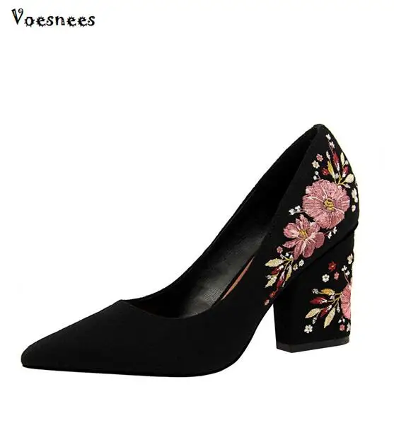 

Bohemia Women Wedding Shoes Pumps Pointed Toe Flock Floral Flower Embroidered Shoes Woman Thick Square Block High Heels Shoes