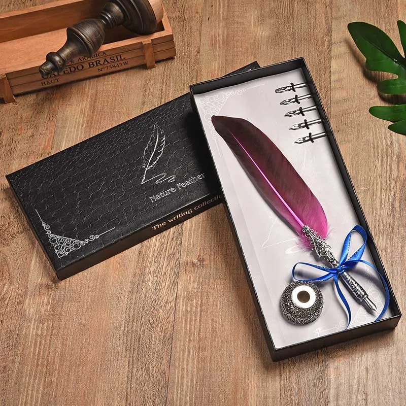 

BNB European Creative Retro Turkey Feather Pen Flower Head Round Bottom Pen 10 Color With Ink Paint Pen Set Fountain Pen