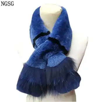 

NGSG Women 100cm Blue Real Rex Rabbit Scarf Luxury Gray Stripe Silver Fox Tassel Bib Female Winter Warm Genuine Fur Scarves