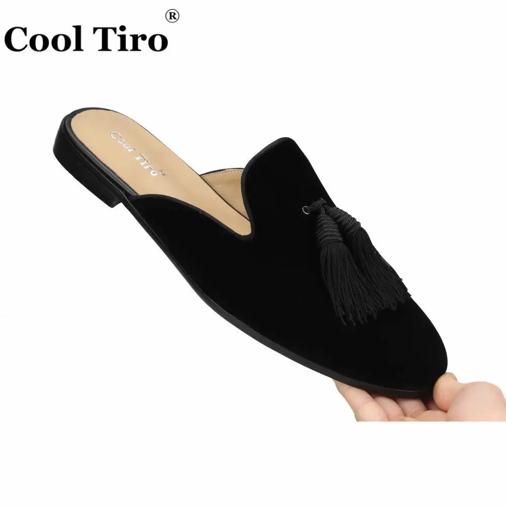 

Cool Tiro Black Velvet Mules Tassel Men Slippers Smoking Slip-On Flats Velour Handmade Shoes Casual Genuine Leather fashion