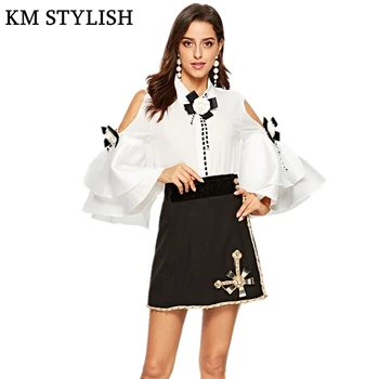 

High Quality Women Black White Shirt 2019 Autumn New Ruffles Flare Sleeve Camellia Appliques Lapel Off Shoulder Wild Lady Blouse