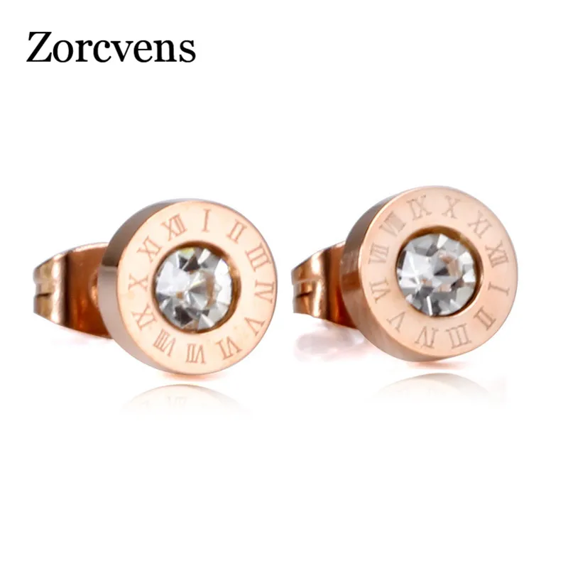 ZORCVENS 316 нержавеющая сталь Круглый Блеск AAA CZ 8 мм диаметр римская цифра серьги гвоздики для женщин высокое качество брендовые ювелирные изделия