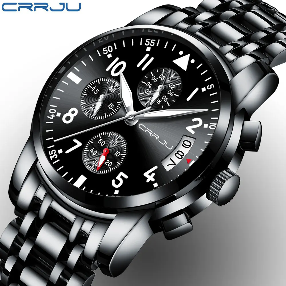 

CRRJU Brand Black Fashion Full Steel Mens Quartz Watch chronograph Date Clock Male Sport Military Wristwatches Relogio Masculino