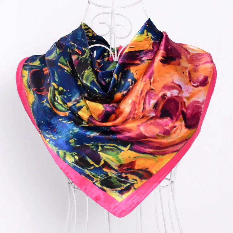 [BYSIFA] синий серый шелковый шарф, шаль, новые женские аксессуары, цепь, большие квадратные шарфы 90*90 см, весенний европейский бренд, шарф Bufandas - Цвет: oil painting pink