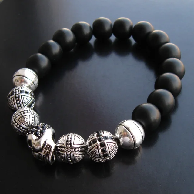 10mm Width Black Obsidian Beads Silver Plated Cross Karma 10mm Width Black Obsidian Beads Silver Plated Cross Karma Skull Bracelets European