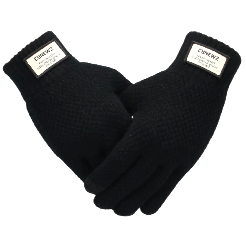 Зимние мужские вязаные перчатки с сенсорным экраном, высокое качество, мужские варежки, утолщенные теплые шерстяные кашемировые однотонные мужские деловые перчатки на осень - Цвет: Black