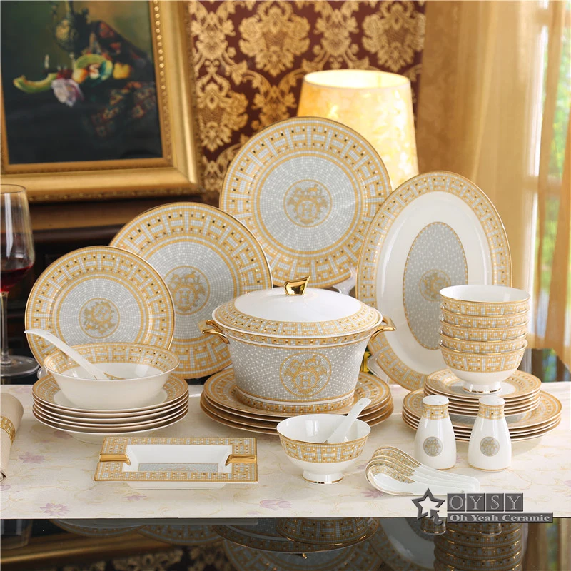 

Porcelain dinnerware set bone china mosaic design outline in gold 58pcs dinnerware sets dinner set coffee sets gifts
