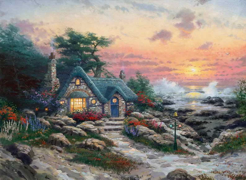 

Free shipping! Cottage By The Sea Thomas Kinkade HD Canvas Print Living Room Bedroom Wall Pictures Art Painting Home Decoration