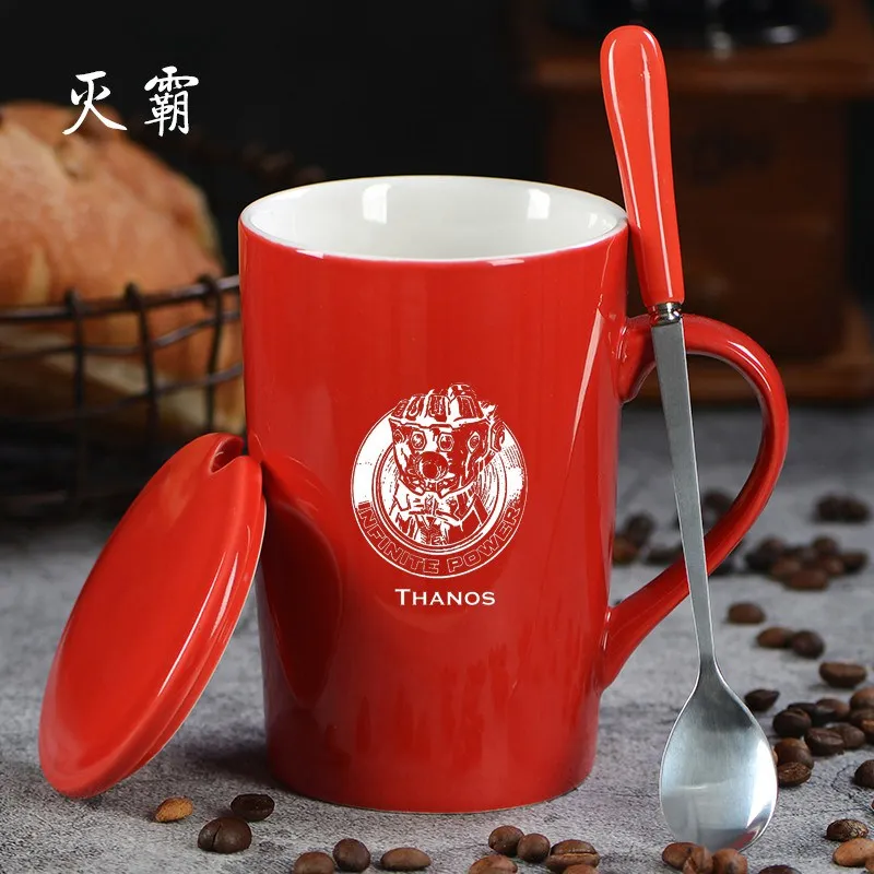 Красная керамическая кофейная кружка «мстители» с крышкой и ложкой, 400 мл, супергерой, Человек-паук, Железный человек, Тор, чайная чашка с молоком, посуда для напитков - Цвет: 17