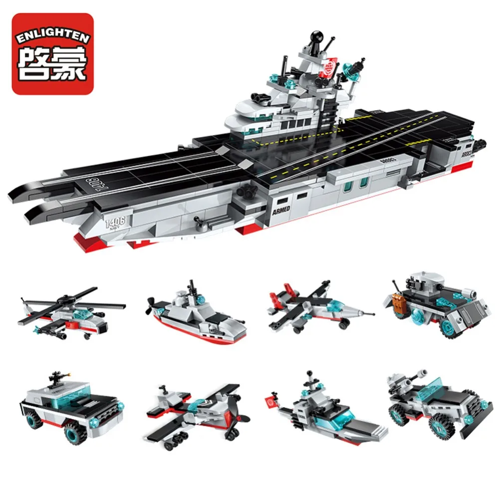 

Enlighten Military Series Building Block 8in1 Nuclear-Powered Aircraft Toy Carrier 643pcs Moc Brick Block Toy Gift for Children