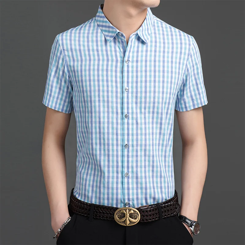 

2019 Fashion Brand Shirt For Men Plaid Workout Summer Short Sleeve Regular Fit Streetwear Button Up boys Casual Mens Clothing